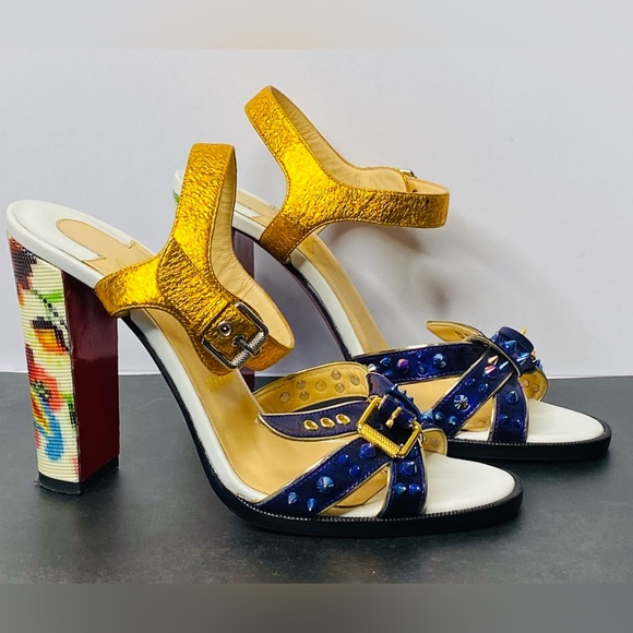 Christian Louboutin Shoes - Metallic Gold & Blue Studded Women’s High Heel Sandals